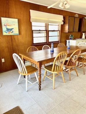 Huge sunny kitchen. Table seating for 8 and you can squeeze 2 more chairs for 10