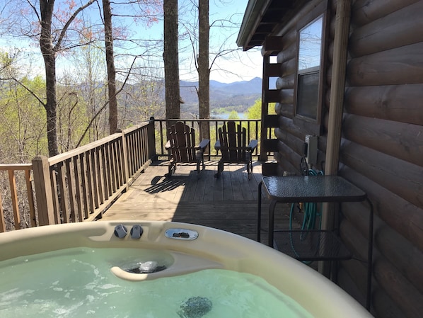 Enjoy the hot tub with a beautiful mountain and lake view. Private. 