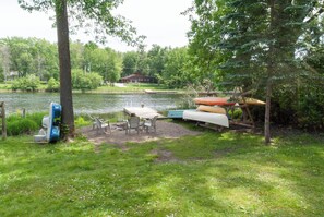 View of firepit, watercraft, dock and river from lawn in late spring.