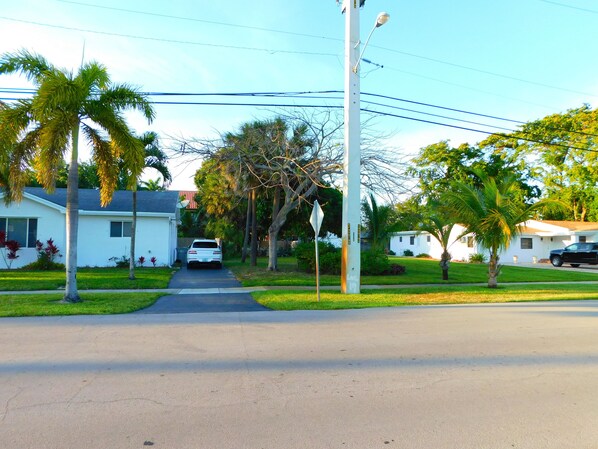 The 2 homes you are renting together. Shed is on our grass lot, with mango tree