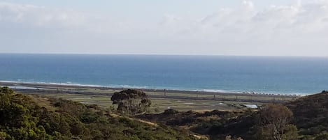 View of the beach and ocean from the street.