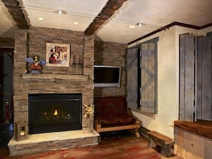 living area and fireplace