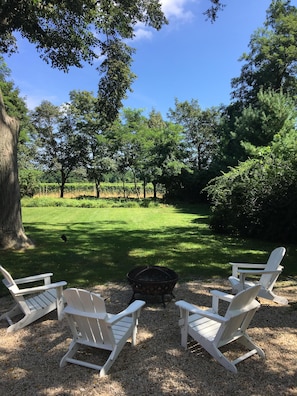 Lounge chairs and firepit overlooking the vineyard