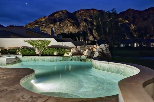 Salt Water Private Pool and SPA,  overlooking night lit Santa Rosa Mountains