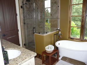 Master Bathroom w/ spacious shower, claw foot tub & double vanity.