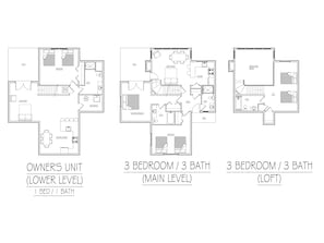 Layout of the Owner's unit (lower), the 3 Bedroom/3 Bath unit both main and loft