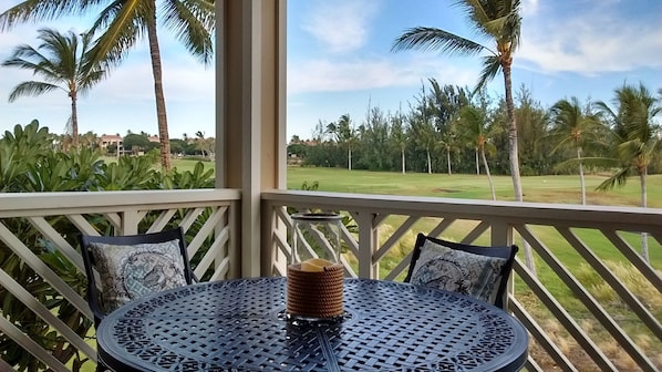 relax on lanai overlooking the golf course