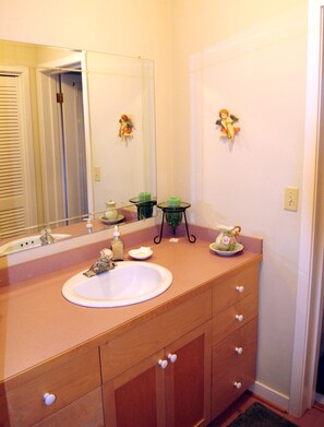 Sink and closet with iron and ironing board.