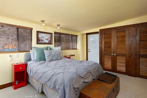 The back bedroom is open and modern with a fully adjustable Tempur-Pedic bed.