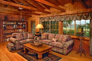 Living room, stereo, games and picture window with incredible mountain view