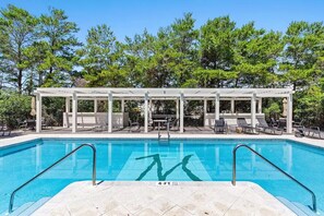 Private, seasonal heated, community pool w/ chairs, umbrellas, shower, bathroom