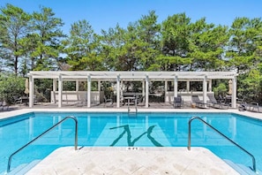 Private, seasonal heated, community pool w/ chairs, umbrellas, shower, bathroom