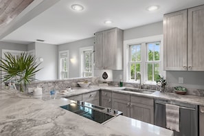 Stone kitchen- fridge, stove/oven, dishwasher, microwave, coffee maker, blender