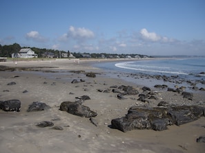 A view from the start of the rocks back along the 1.5 mile long beach.