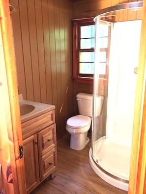 Renovated bathroom with vanity and shower stall