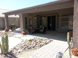 Covered patio with fire top table