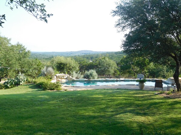 Hill country view from the back porch and private pool