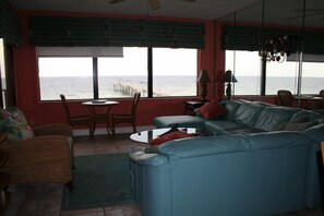 beautiful view of the pier from living area and kitchen