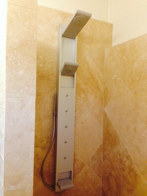  WOW~! shower tower multiple massage jets travertine tile pebble floor