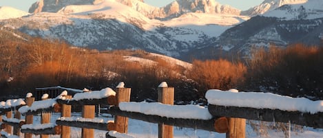 Spectacular view of the Tetons from front of 10 acre property. Quiet & secluded