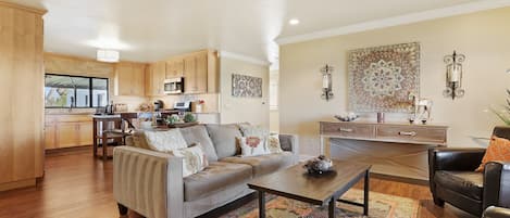 The sitting area is welcoming and comfortable for entertaining.