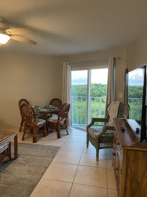 Morning Island View from Living Room area.  Dining table with seating for 4.
