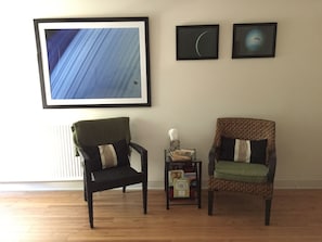 The master bedroom features stunning photos of the superior planets...