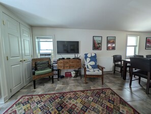 The living area has streaming TV and a very generous supply of DVDs and games.