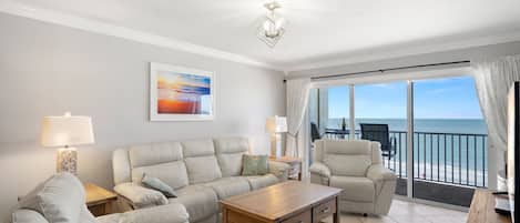 Living Room, Leather Couch, Recliners, watch Big Screen TV while enjoying ocean