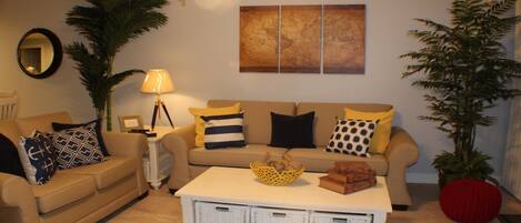 View of Family Room Furnished With a Sofa Bed