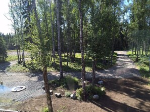 view from house, new driveway, fire pit...