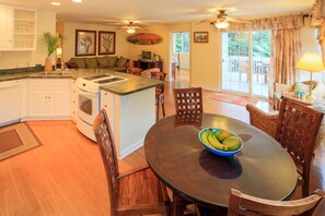 The dining area seats four, while two can sit at the counter.