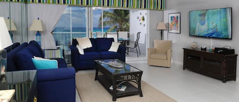 Oceanfront Living Room with Smart HD TV