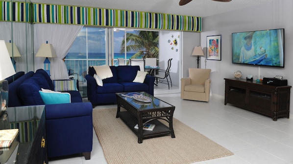 Oceanfront Living Room with Smart HD TV