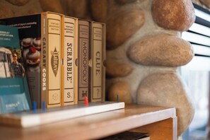All of our propeties are equipped bookshelf games and fires. 