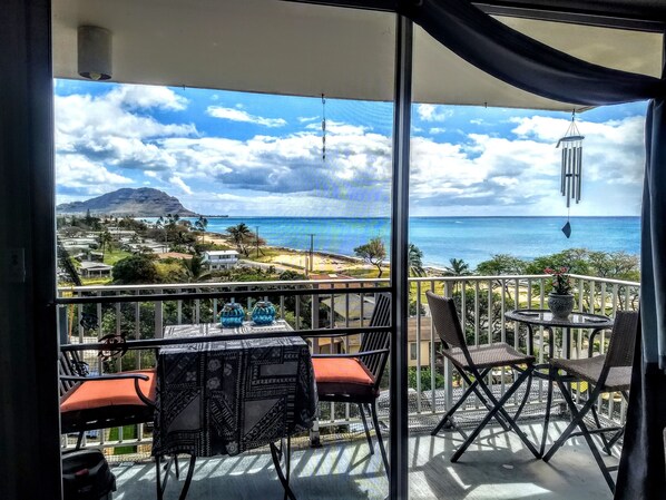 Lanai view. Outdoor dining and  Sunset/ Happy hour corner