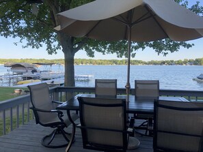 Large patio set on deck overlooking the lake