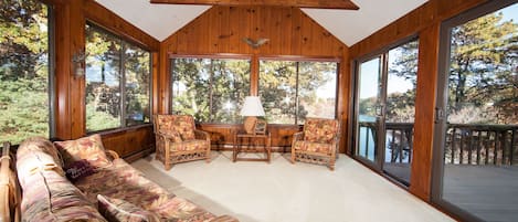 Sunroom overlooking the pond           
Walk out to deck