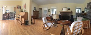 great room showing kitchen on the left and living room on the right
