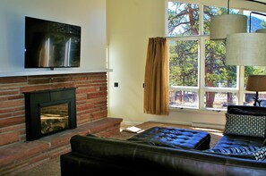 Living room with gas fireplace and comfy couch