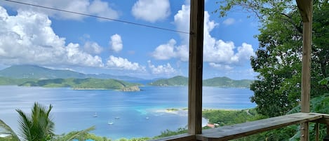 Covered deck. View is of Johnson Bay, the east end of St. John, and the BVIs