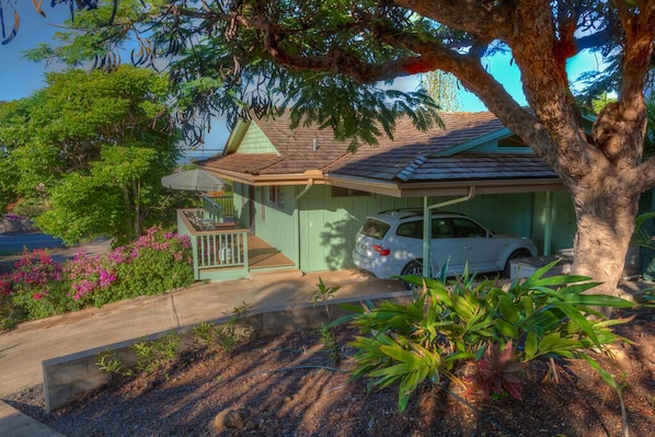 The cottage is surrounded by beautiful tropical flowers and trees