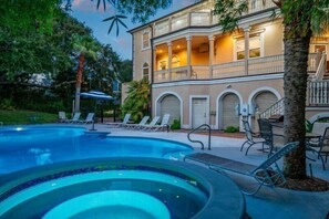 Backyard pool with hot tub