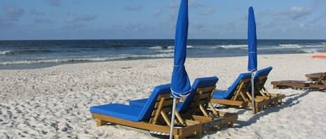 Chairs are available for rent through a separate onsite beach rental company.