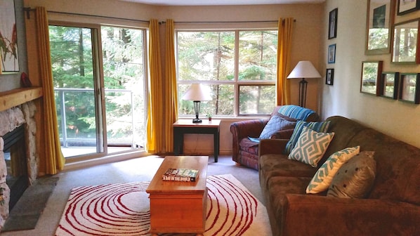 Updated, bright, and comfy living area, with beautiful view, and gas fireplace