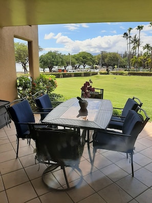 View from living room of massive quasi backyard and lanai.