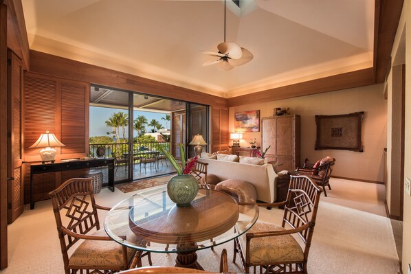 Beautifully furnished villa with vaulted ceiling and soffit lighting.