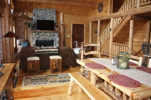 Opposite View Of The LODGE FAMILY ROOM  With Mantel HD TV & Stone Gas Fireplace