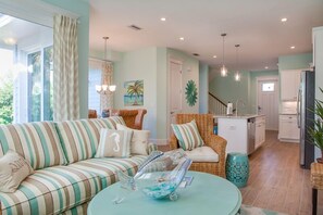 Living room flows into kitchen