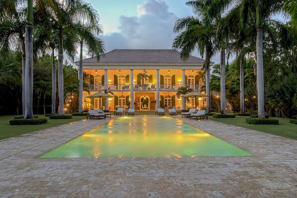 Beautiful view of rear of Main House looking westerly at dusk